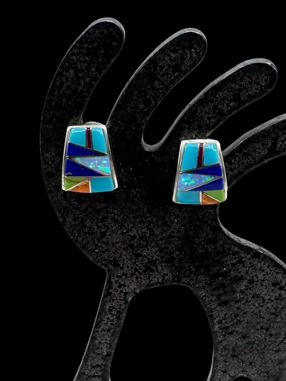 Native American Sterling Silver Turquoise Multi Stone Mosaic Inlay Stud Earrings